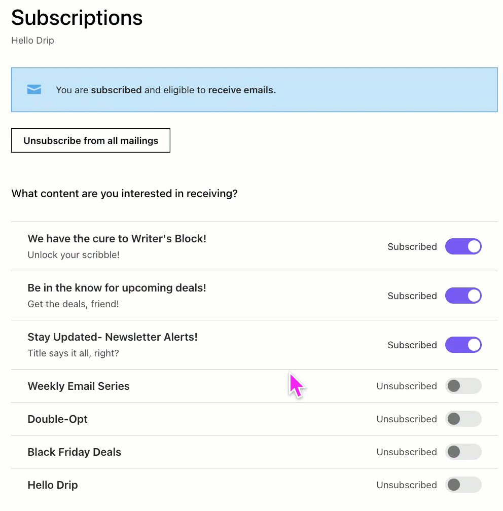 Subscription Management page cursor toggling the All emails subscriptions off then on and the additional topics from on to off