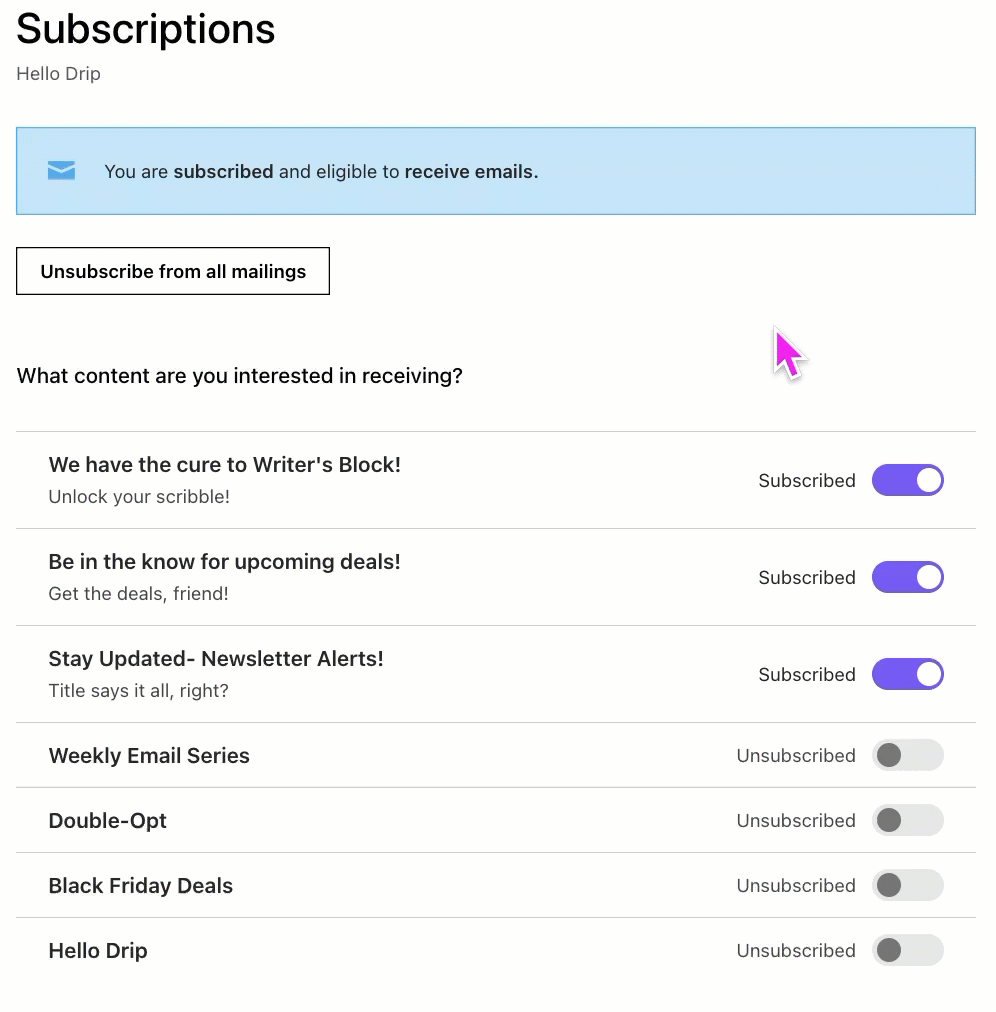  Subscription Management page cursor toggling the All emails subscriptions off then on and the additional topics from on to off