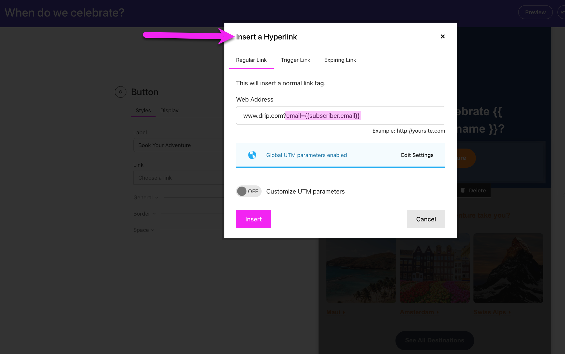 Inside the Visual Email Builder, editing the hyperlink settings and adding the email parameter to the link
