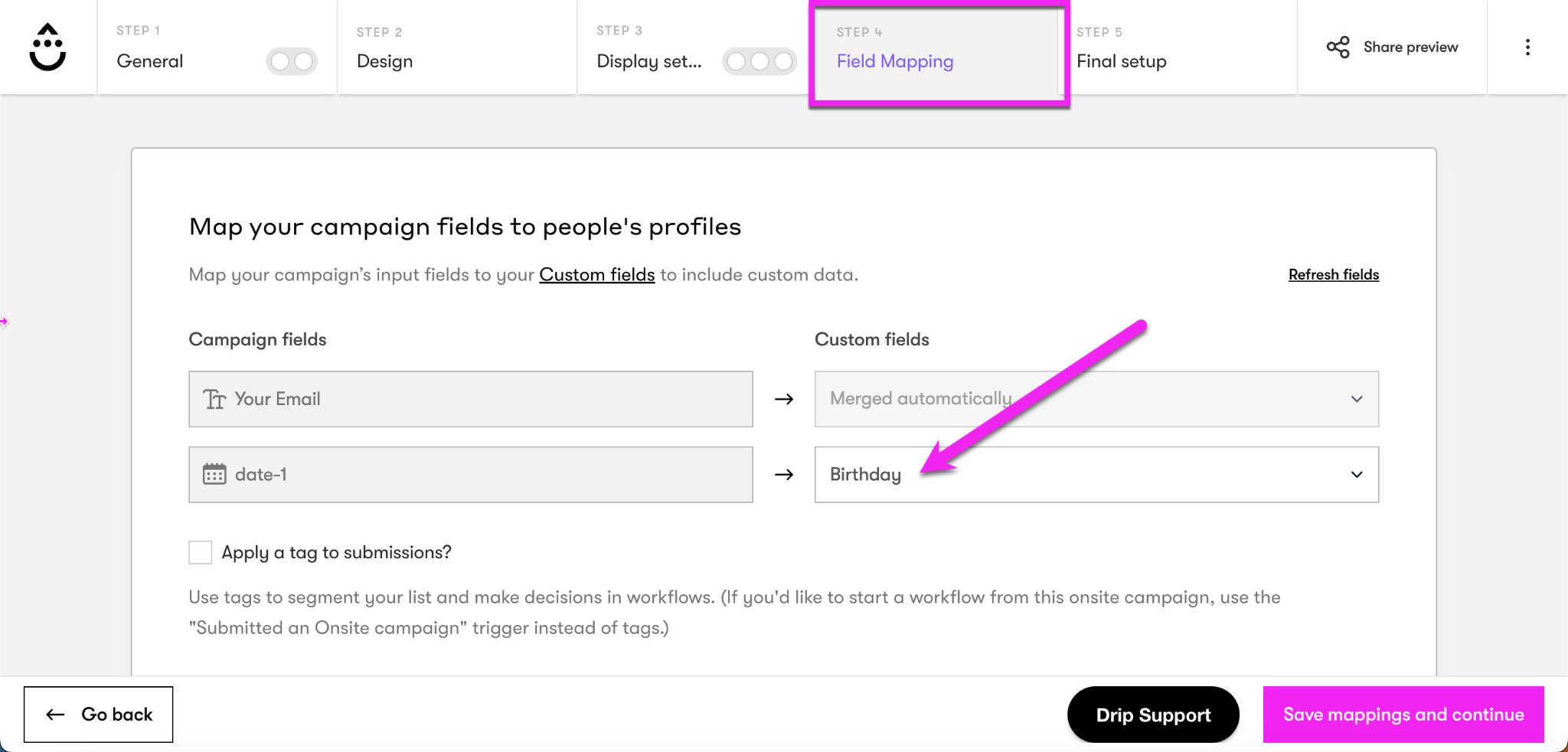 Onsite Campaign Builder Under the Field Mapping tab, adding a custom field name for the date input field