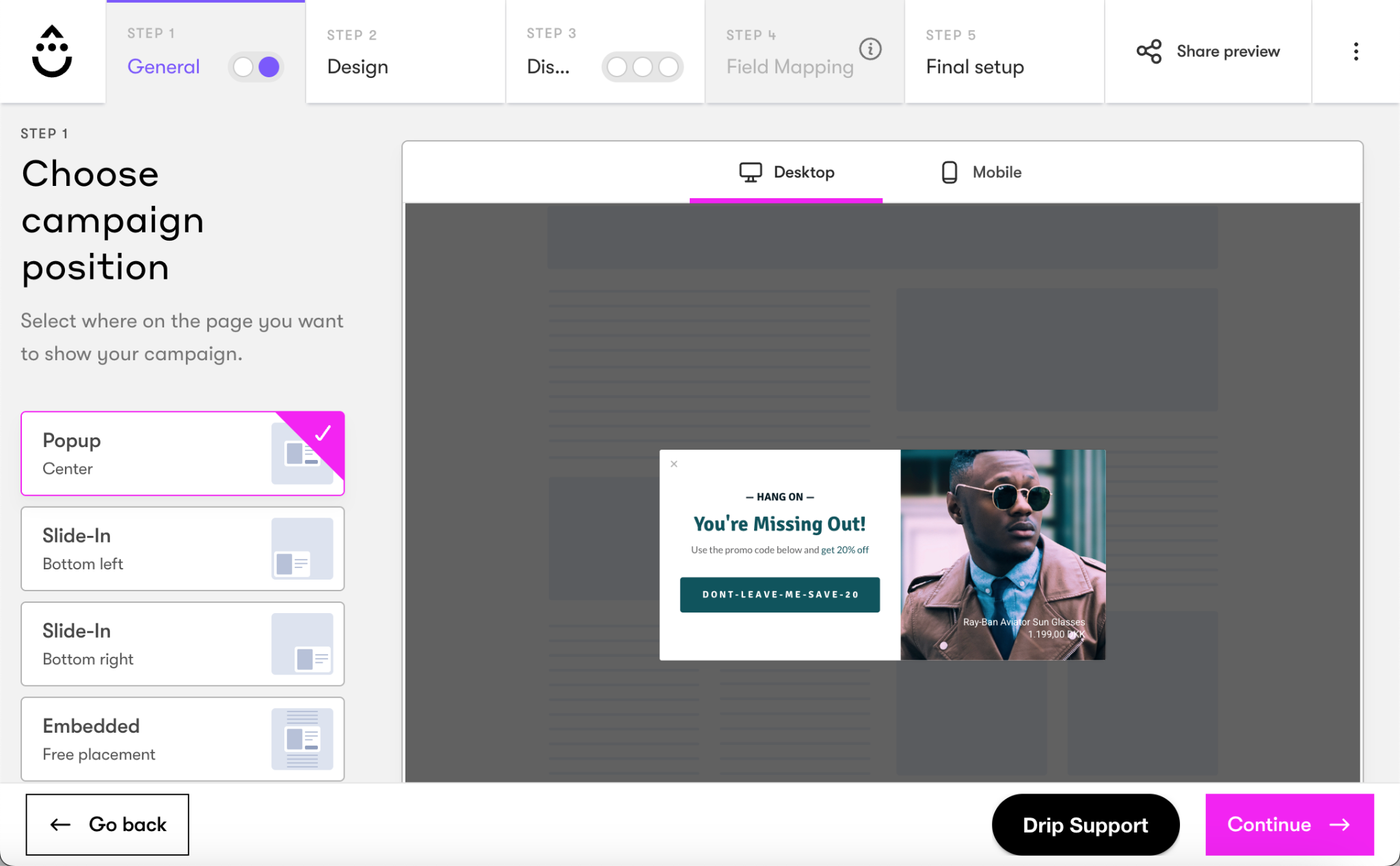 Onsite builder under the Choose campaign position step