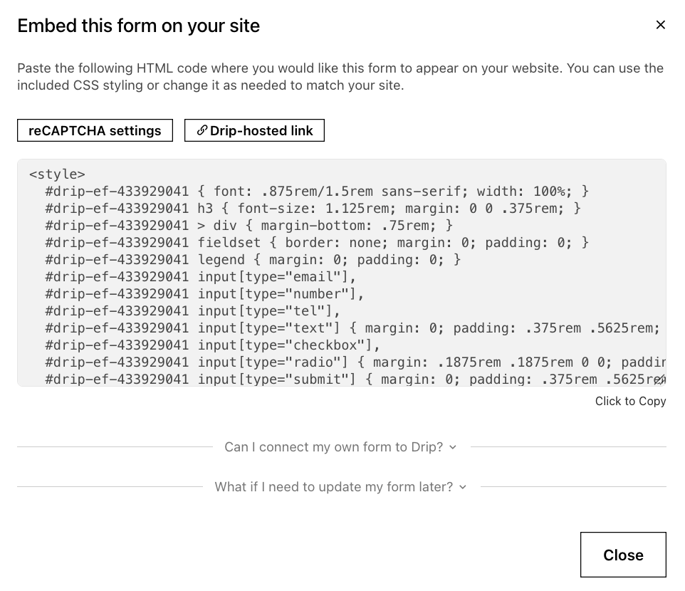 Embedded form settings and code