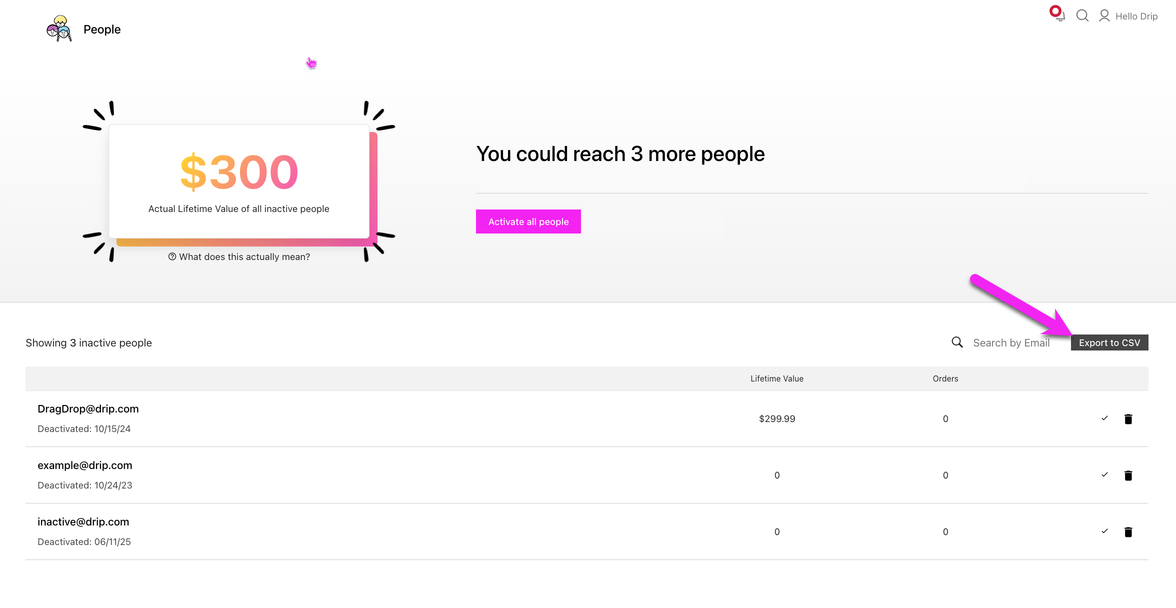 Inactive people with arrow pointing to the Export to CSV button