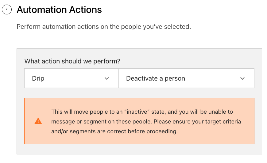 Bulk Operation, Select Automation Actions set to Deactivate a person 