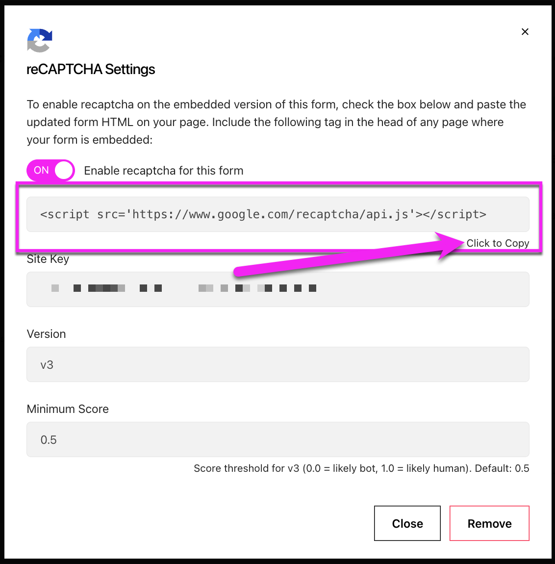 Recaptcha settings for Embedded Forms