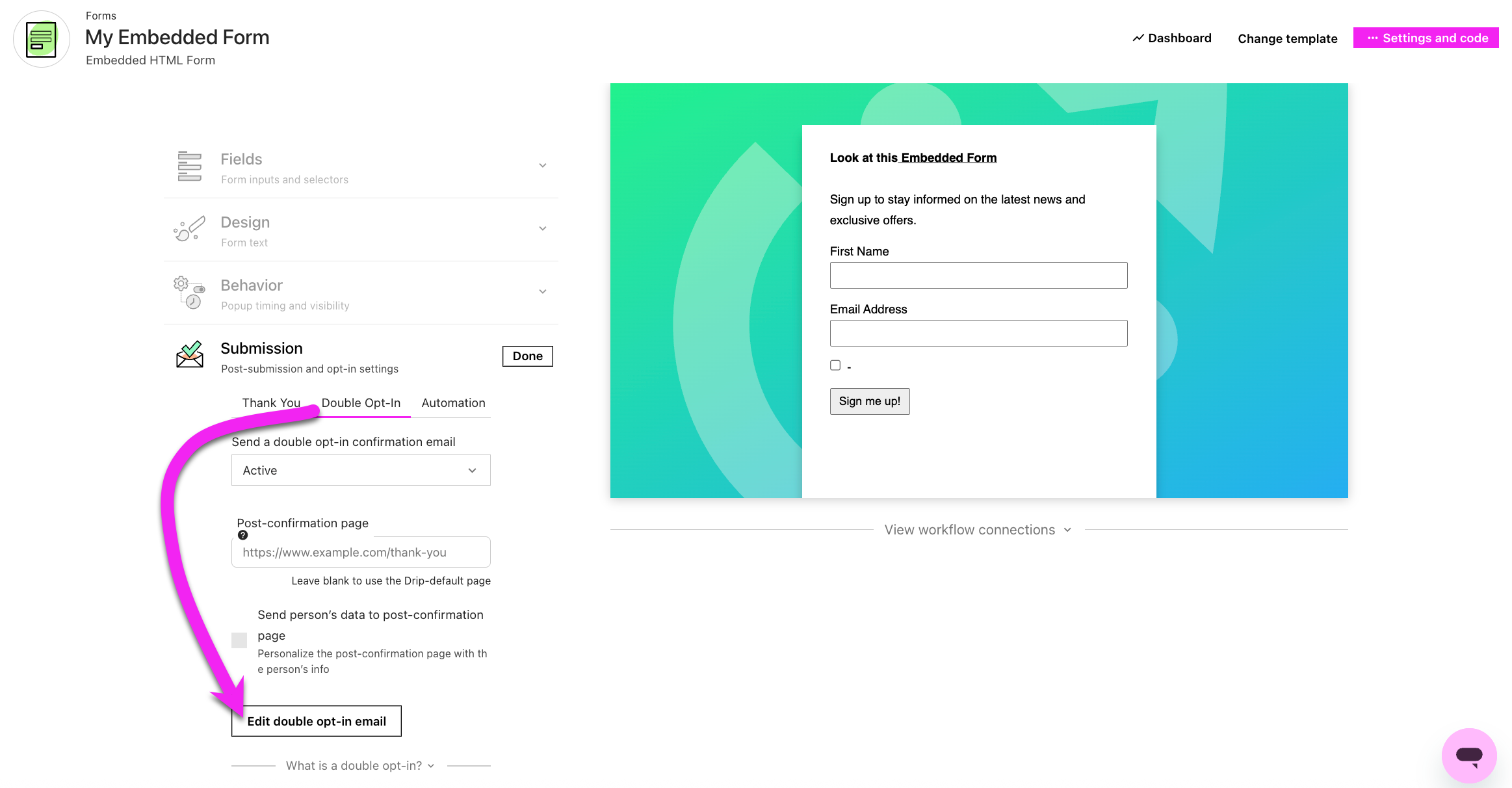 Embedded form builder under Submissions and double opt-in with an arrow pointing to edit double opt-in