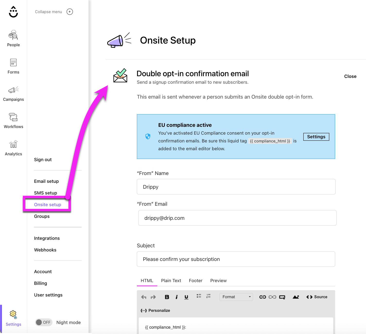 Onsite settings for Double opt-in confirmation emails