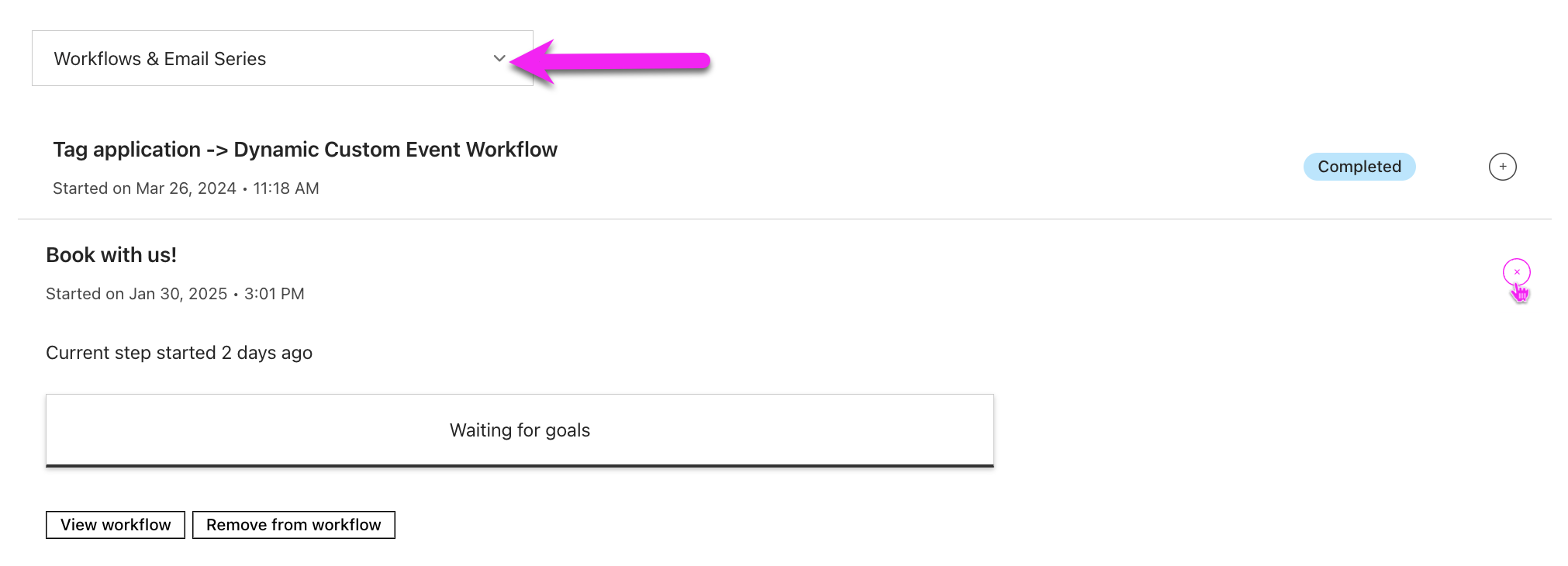 Workflows details from the Workflow and Email series tab in the person's profile