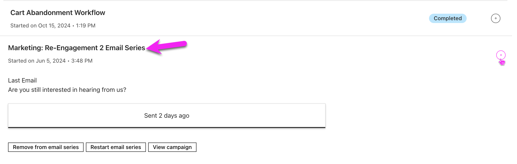 Email series details from the Workflow and Email series tab in the person's profile