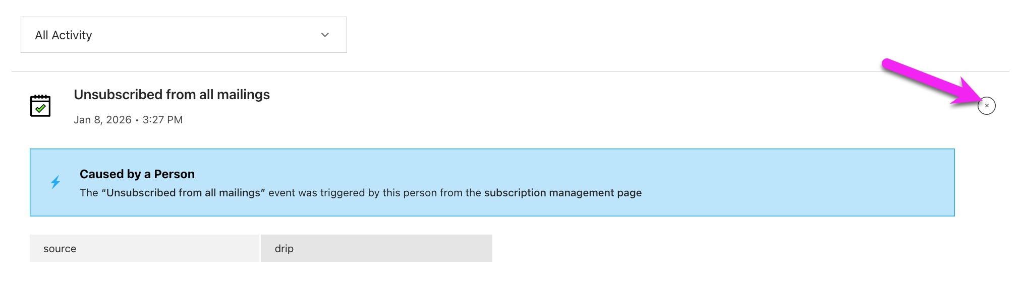 Unsubscribed from all mailings event, expanded to show the cause of the event