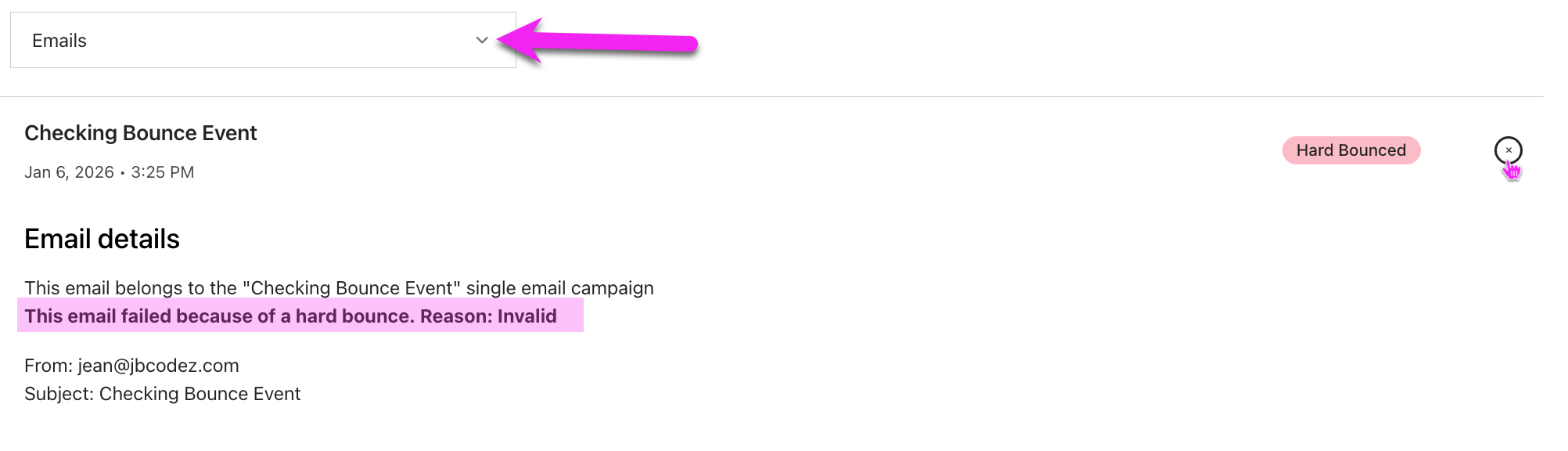 Email event expanded to show the Hard Bounce reason