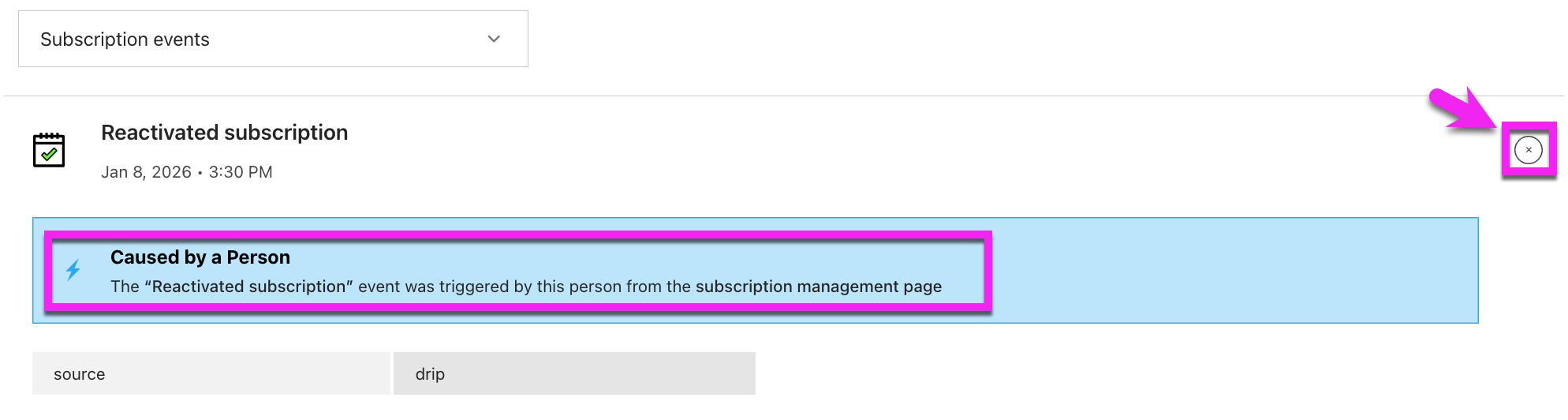Expand the Subscription Event to see how the action was performed