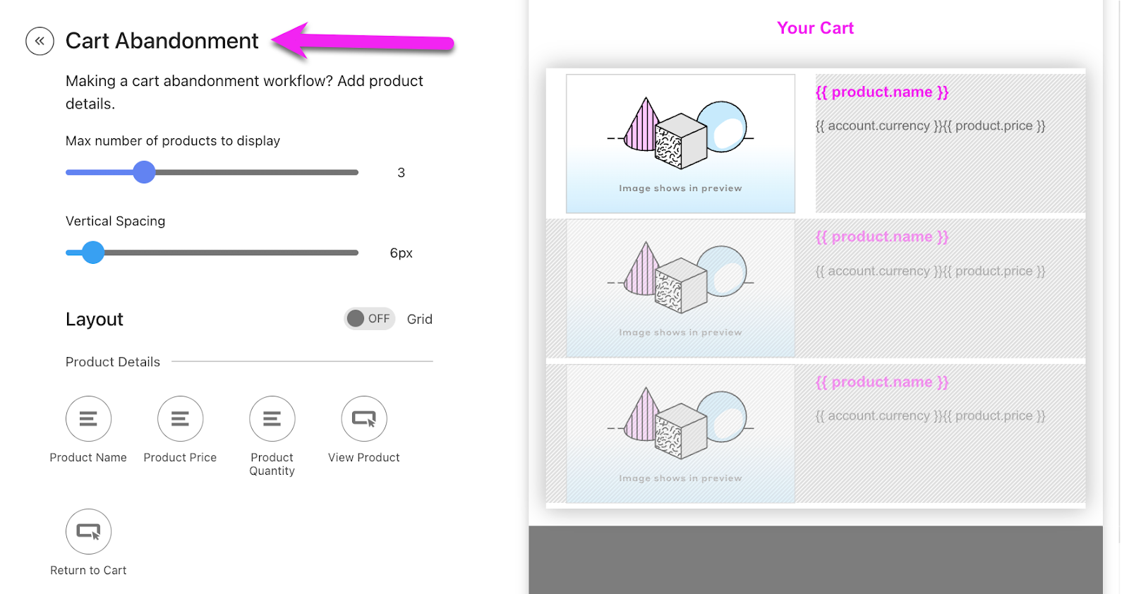 Visual Email Builder, Cart abandonment product block settings