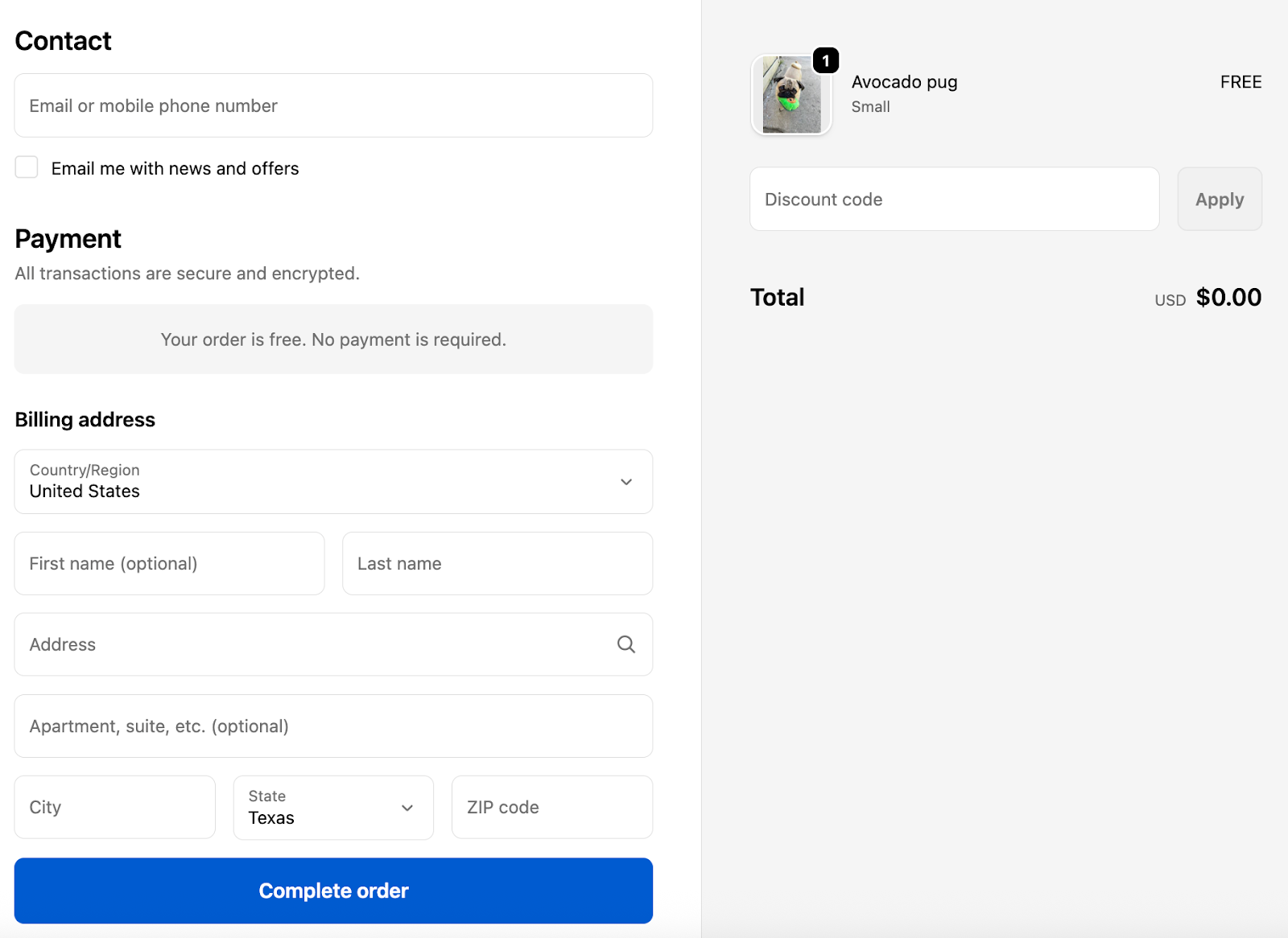 Shopify Store checkout page with Contact form