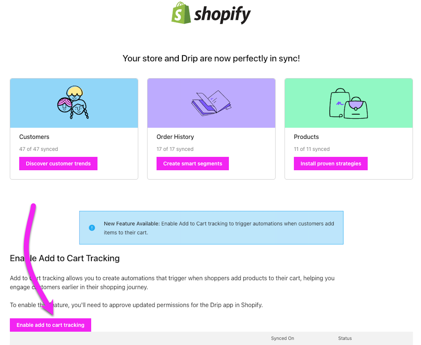 Shopify integration page on Drip with the option to click Enable add to cart tracking button