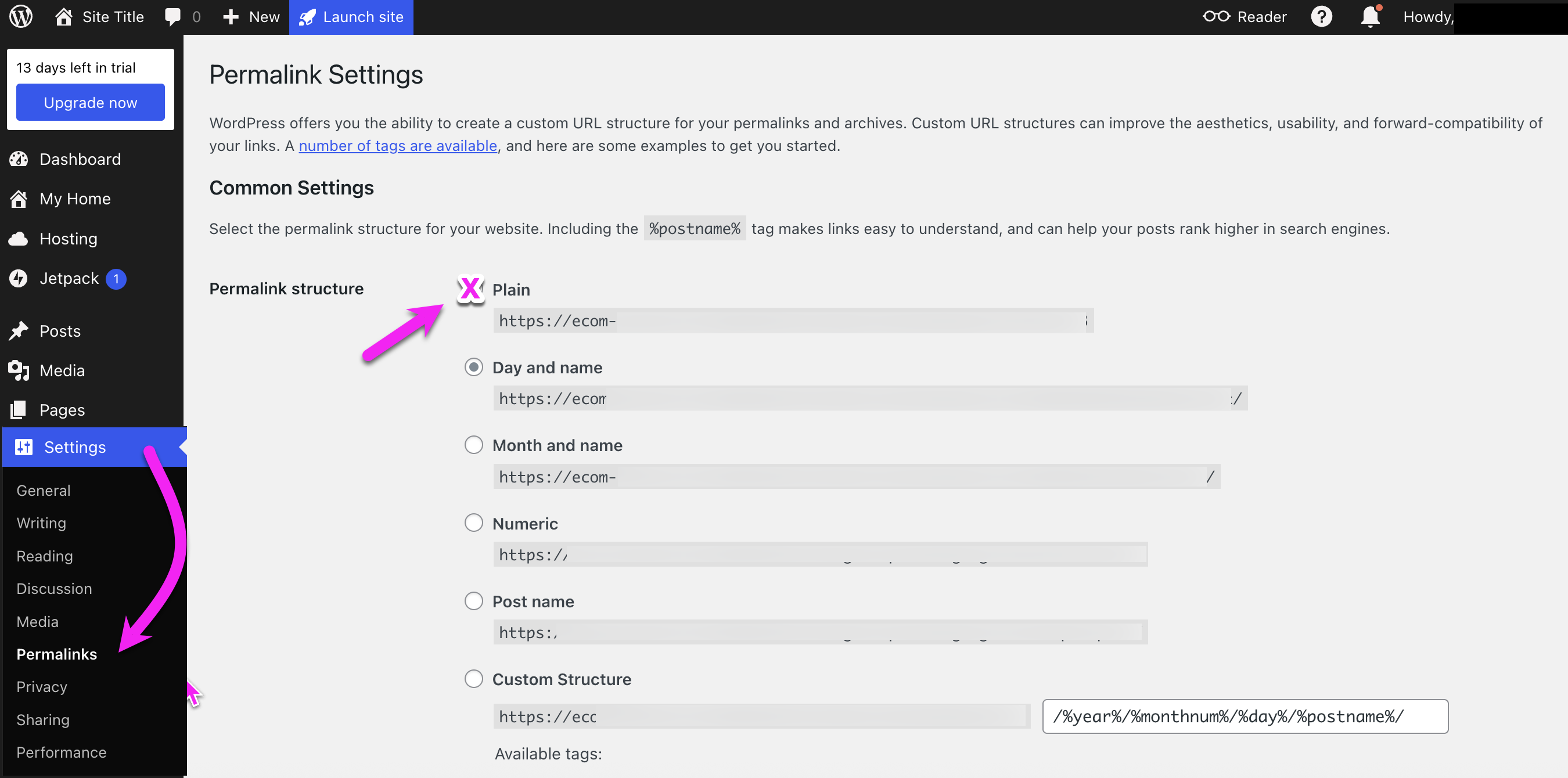 Woocommerce admin, settings for permalinks