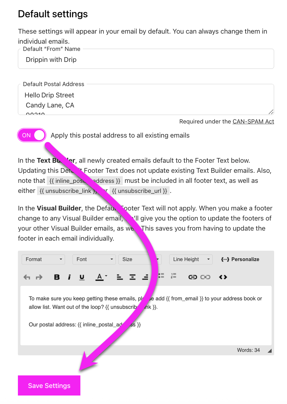 Email Set up settings under Default settings showin the Apply this postal address to all existing emails toggle