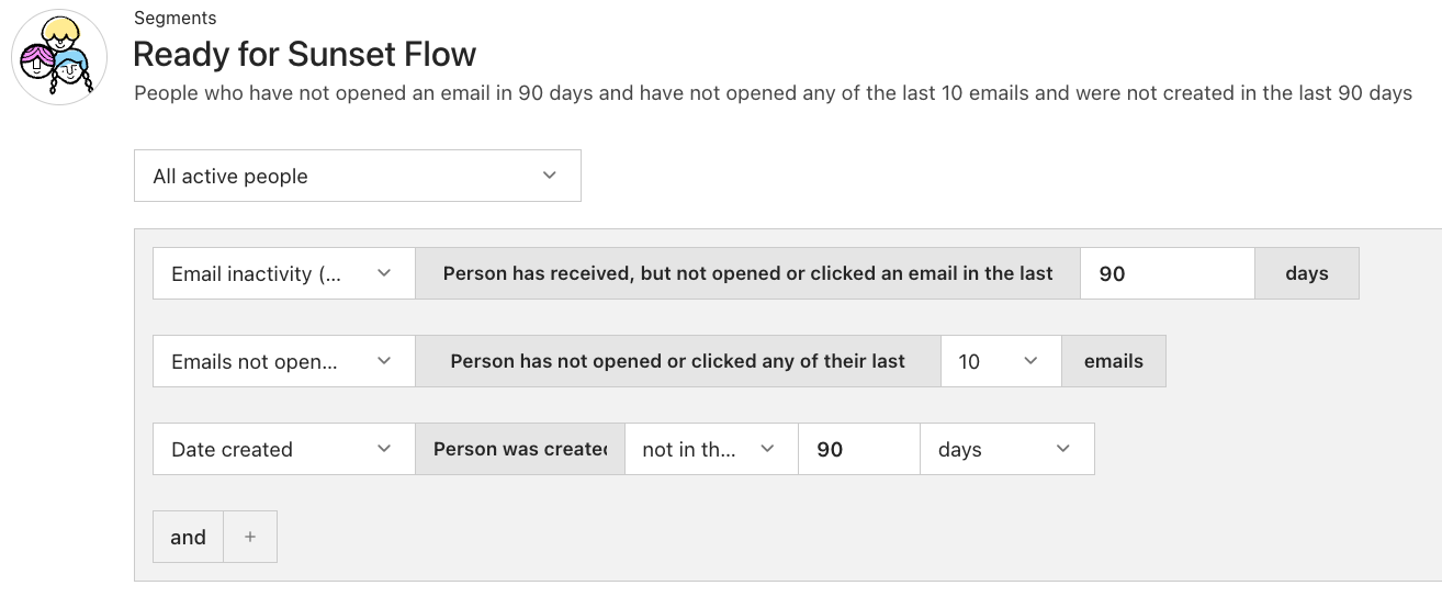 A segment with the filter Email inactivity | Person has received, but not opened or clicked an email in the last 90 days and Emails not opened or clicked | Person has not opened or clicked any of their last 10 emails in the Active people page and Date created or people not newly added in the last 90 days