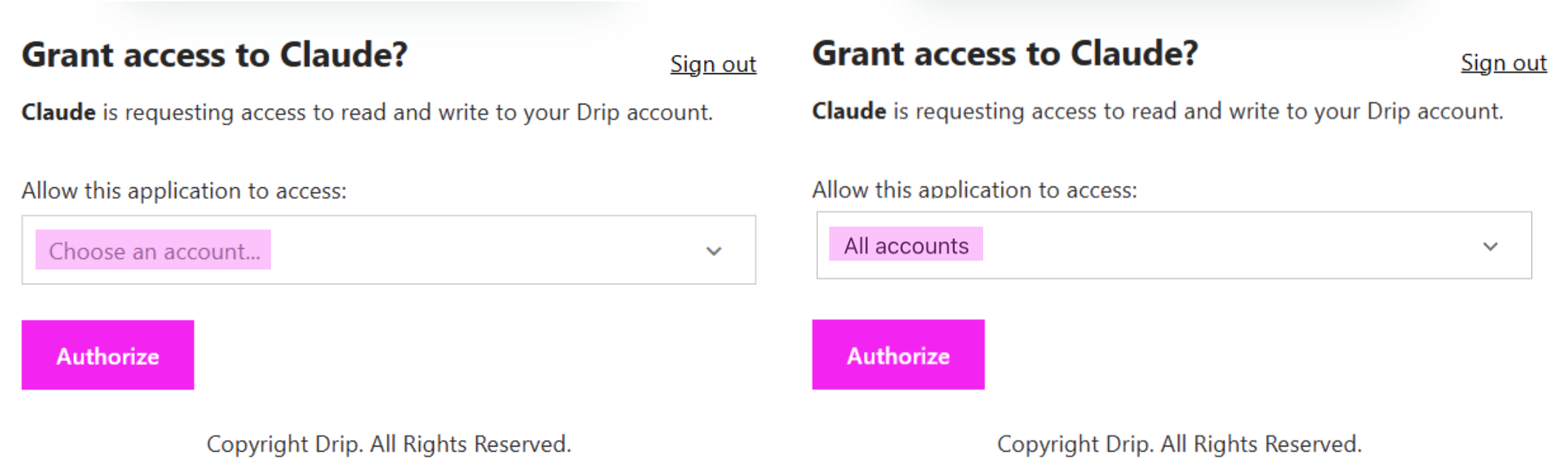 Grant access to claude where you can choose a specific account or grant access to all accounts