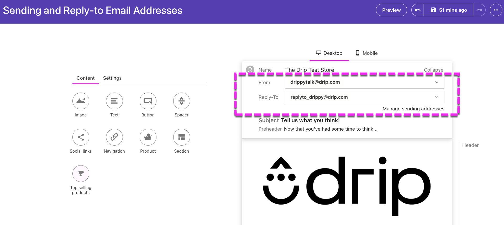 Single email campaign visual email builder highlighting the from and reply-to email address settings