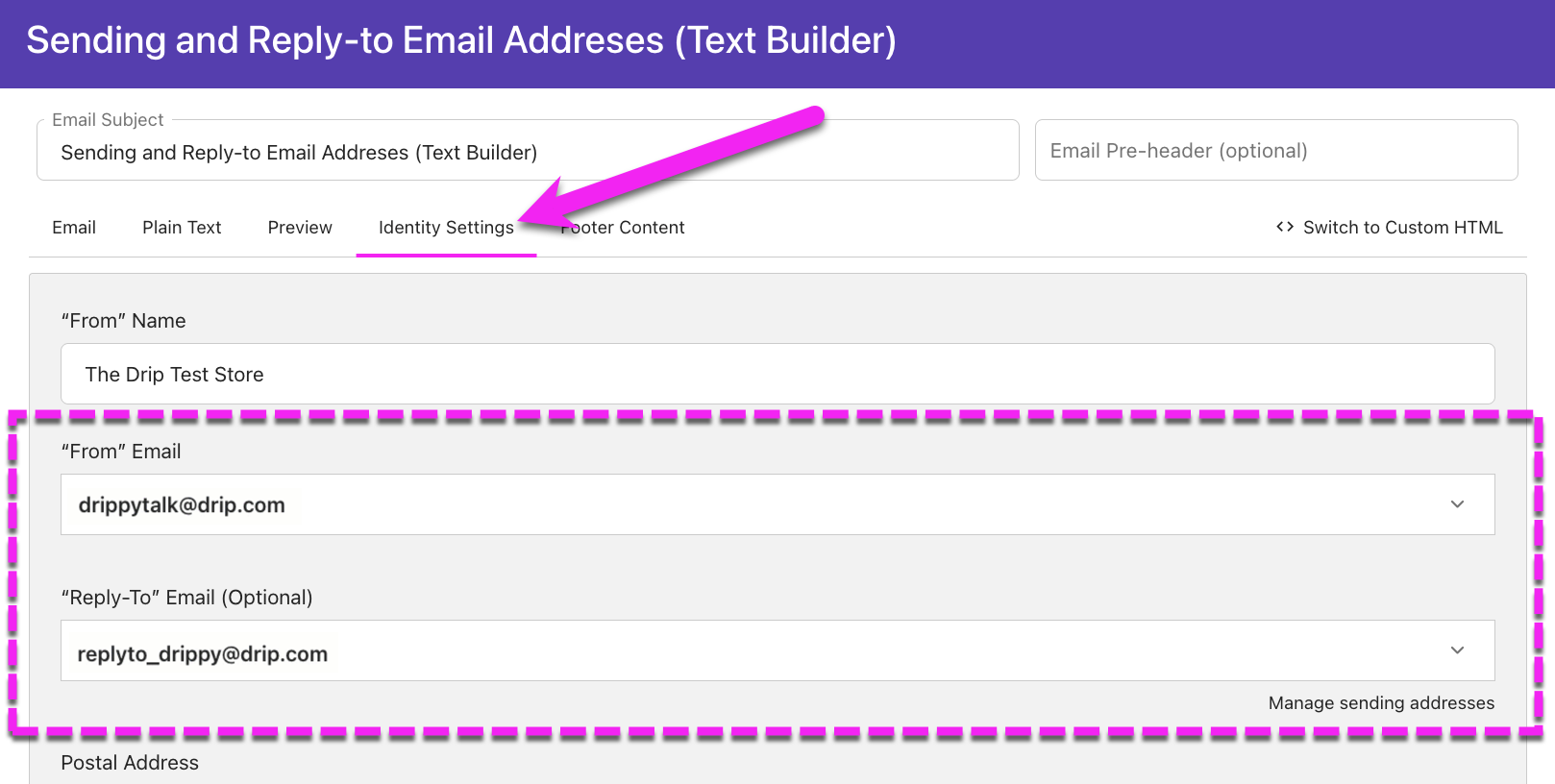 Single email campaign Text Builder under Identity Settings highlighting the from and reply-to email address settings