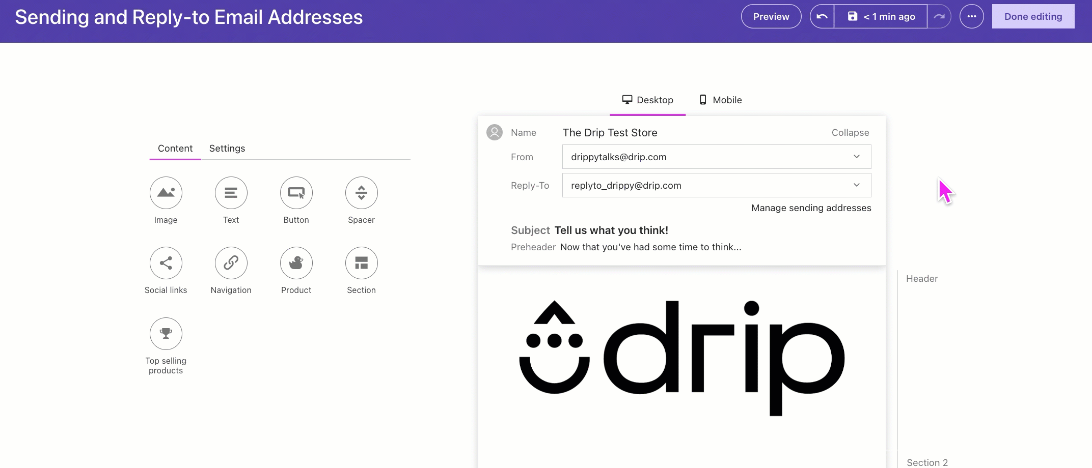 Visual Email builder under from and reply to email addreses, clicking manage sending address to add a new custom email address