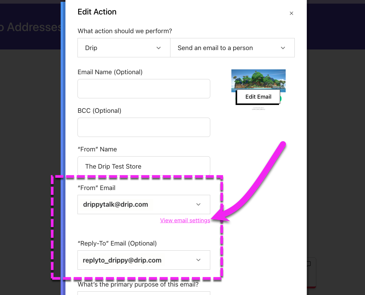 Workflow Send an Email Action settings highlighting from and reply-to email dropdown options