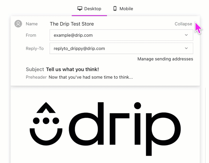 Single email campaign visual email builder dropdown for From email address and reply-to email address