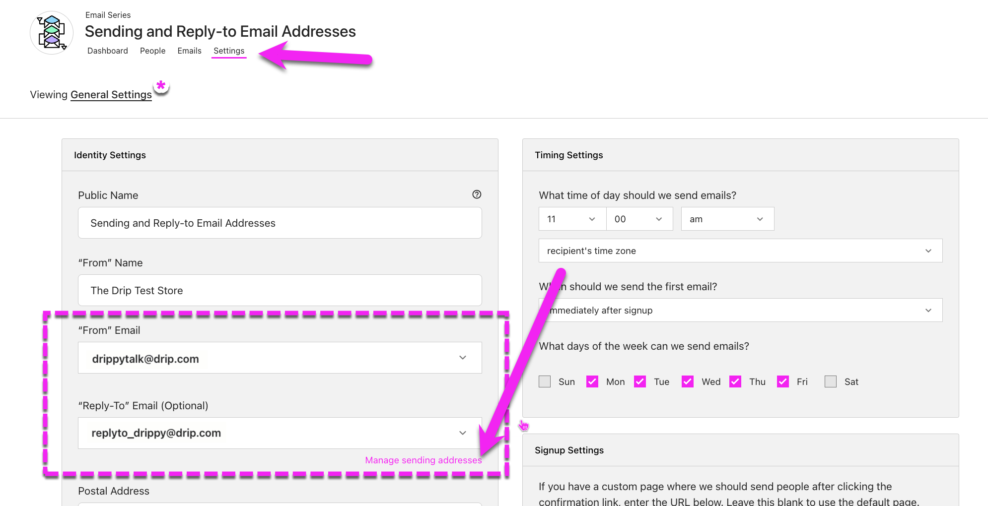 Email Series under Settings tab highlighting From and Reply to email addresses