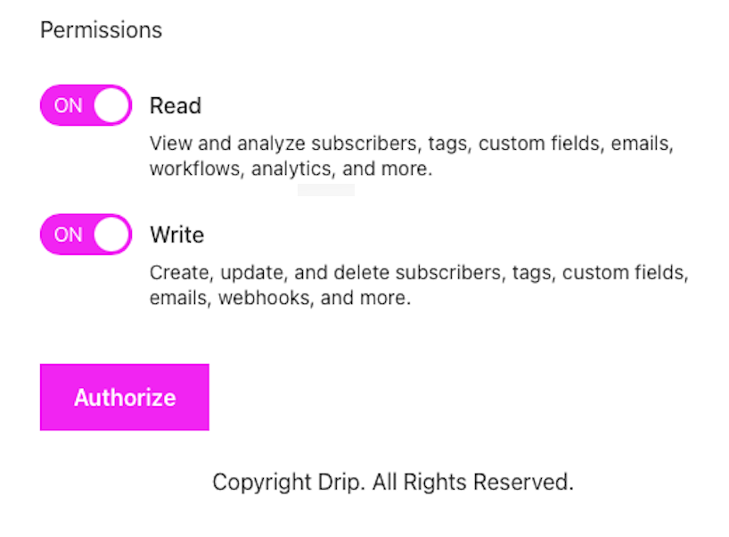 Connect Drip MCP to AI tool, options to toggle Read and Write access