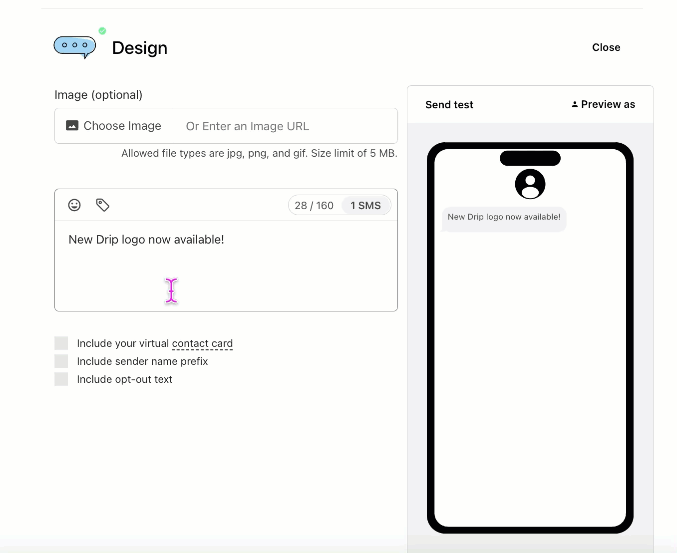 SMS Builder adding image contact name virtual contact card and opt out text