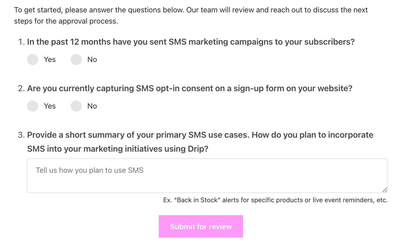 Questions asked when signing up for SMS Activation