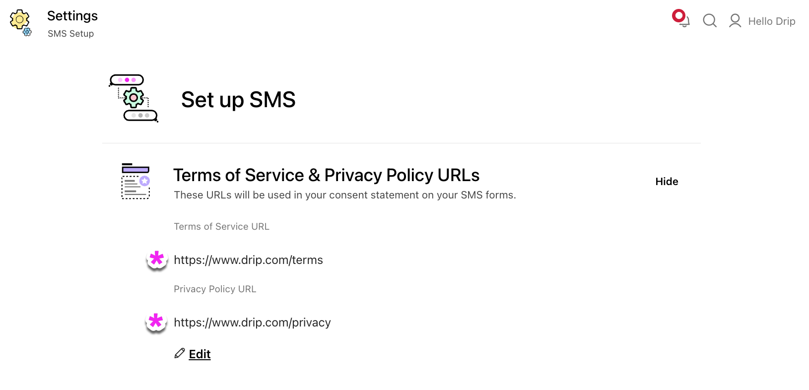 SMS Setup Terms od service and Privacy Policy urls