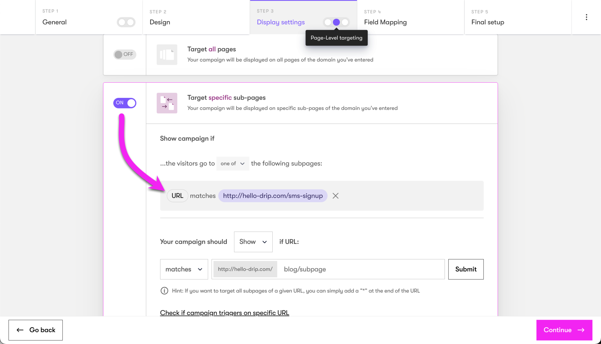 Onsite Builder Step 3 under Page-level targeting toggle on Target Specific Sub-page