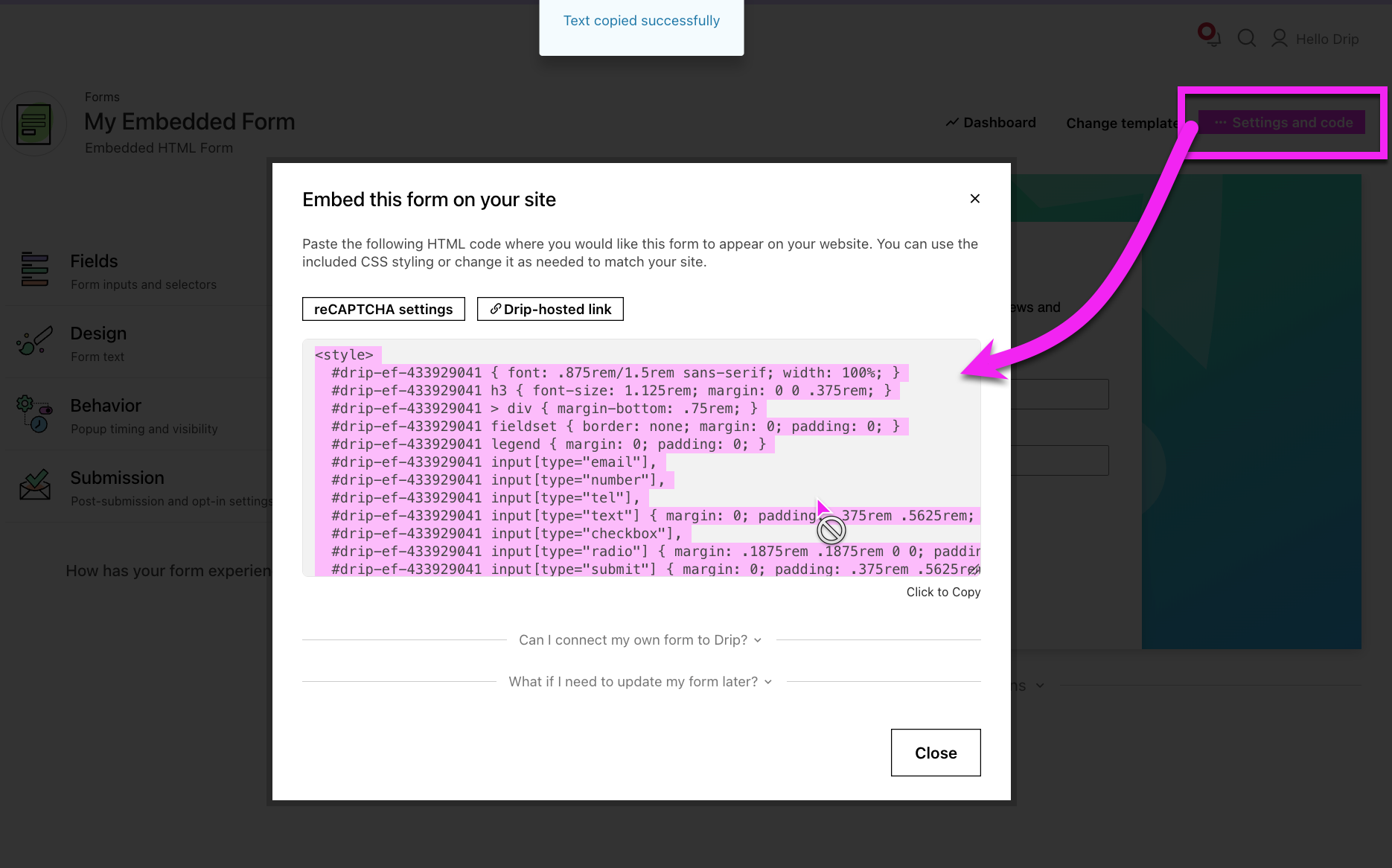 Drip embedded form, Settings and code showing the HTML code created