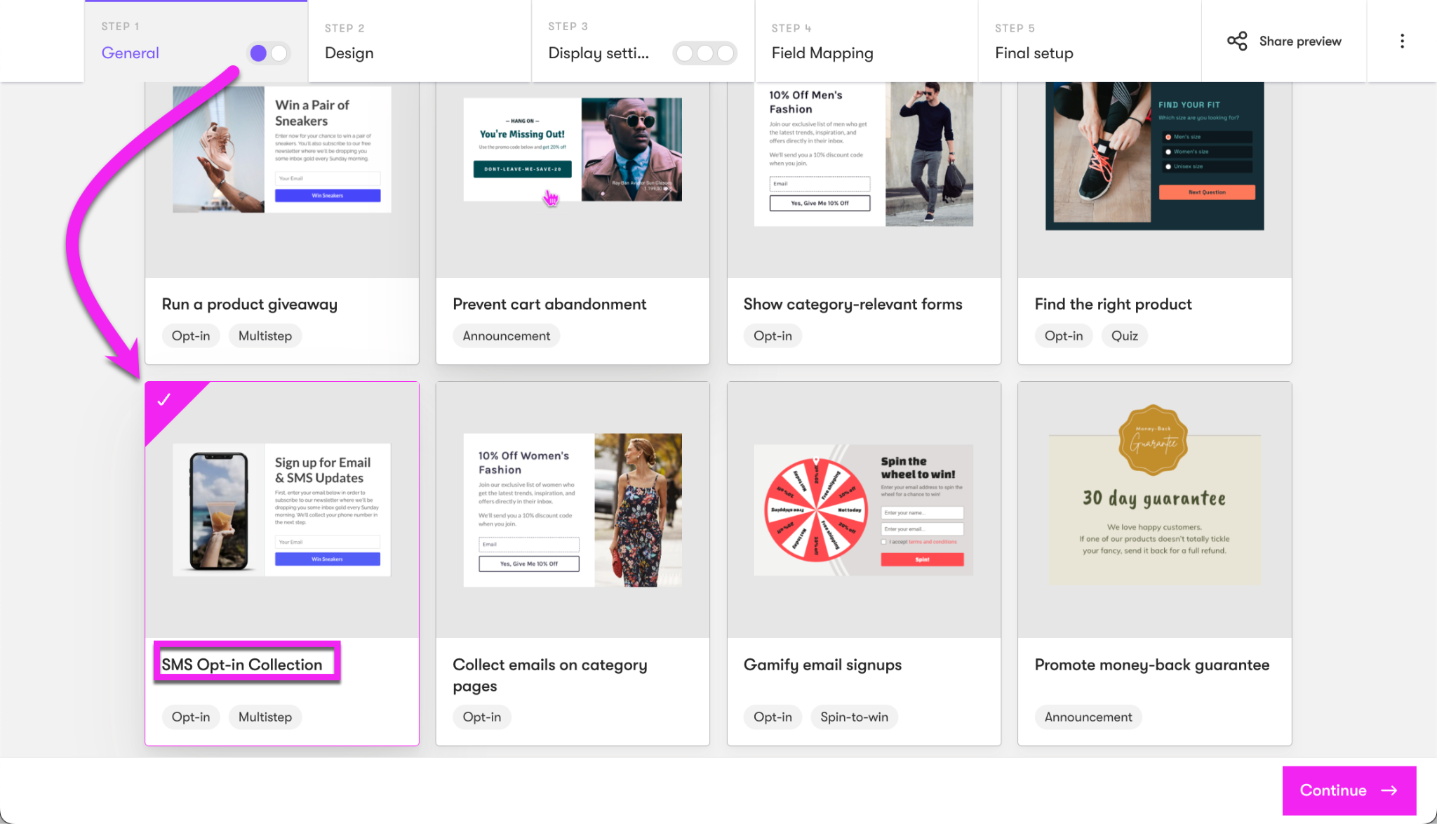 Onsite Form builder, Step 1 Template selection set to SMS Opt-in Collection