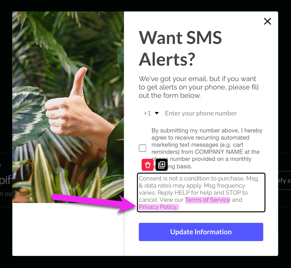 SMS Opt-in Collection highliting consent language and place holder texts for Terms of Service and Privacy Policy