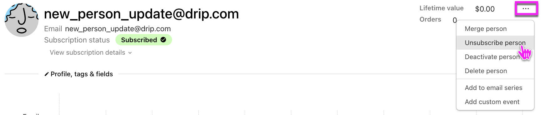 Person Profile three dot menu, unsubscribe button