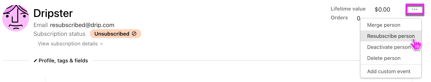 Person Profile three dot menu, resubscribe button