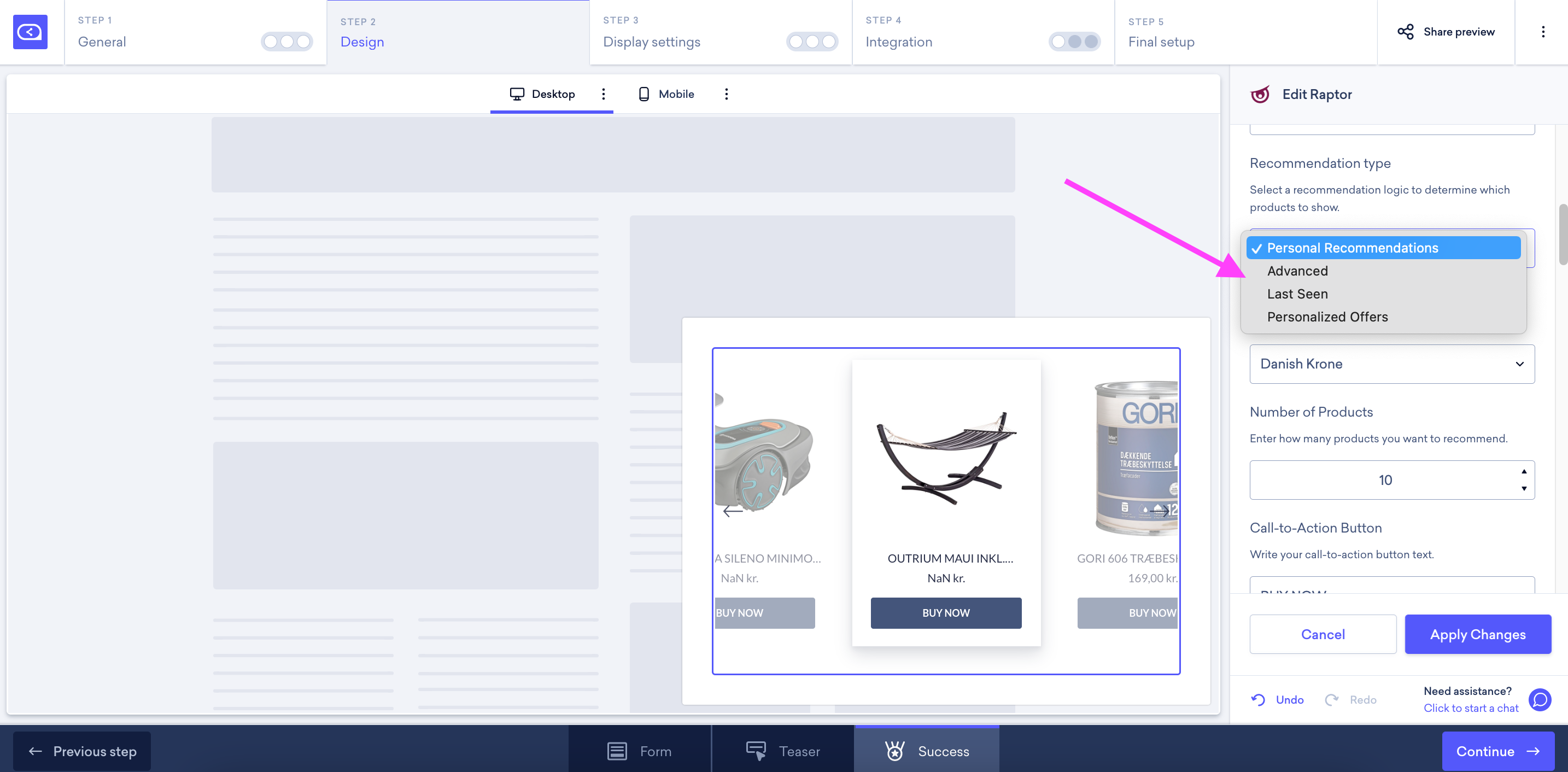 Onsite builder Edit Raptor settings editing the Recommendation type