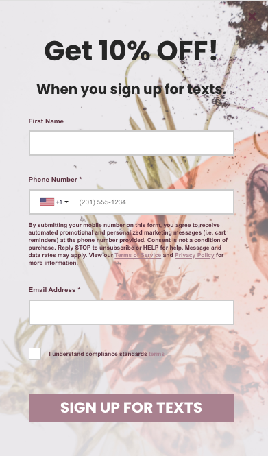  An example form showing 10% off with sign up to collect consent from the customer.