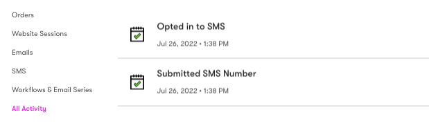  An example of an opt-in to SMS event found in a person's profile under all activity.