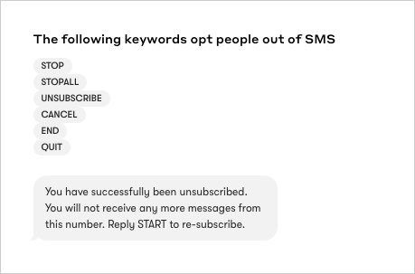  An example of Opt-Out request confirmation and response language for SMS found in the SMS settings