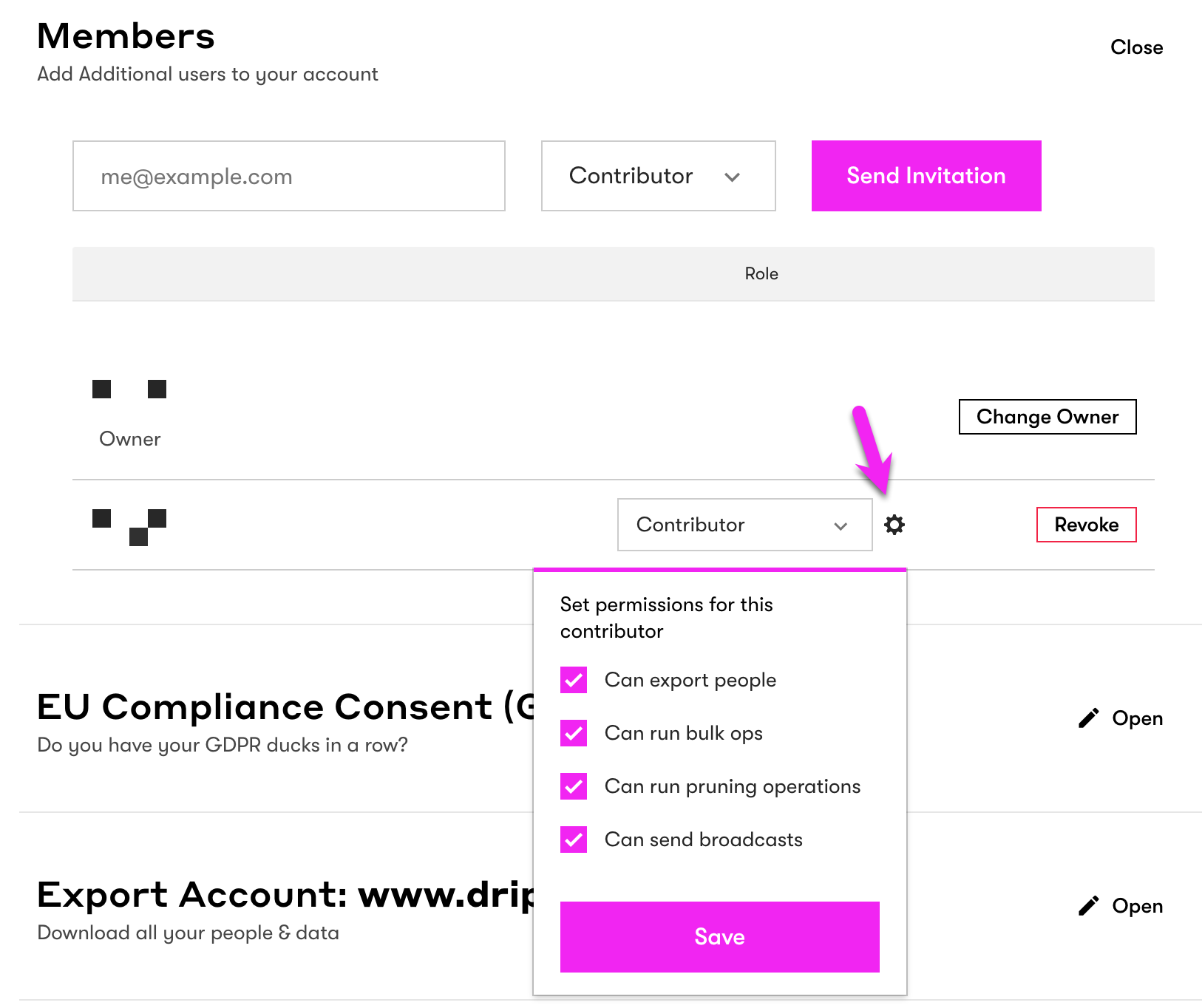 Member Role Contributor Permissions in the account settings page