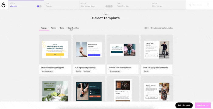 Onsite builder step one selecting the gamification tab then selecting a template with spin-to-win tag
