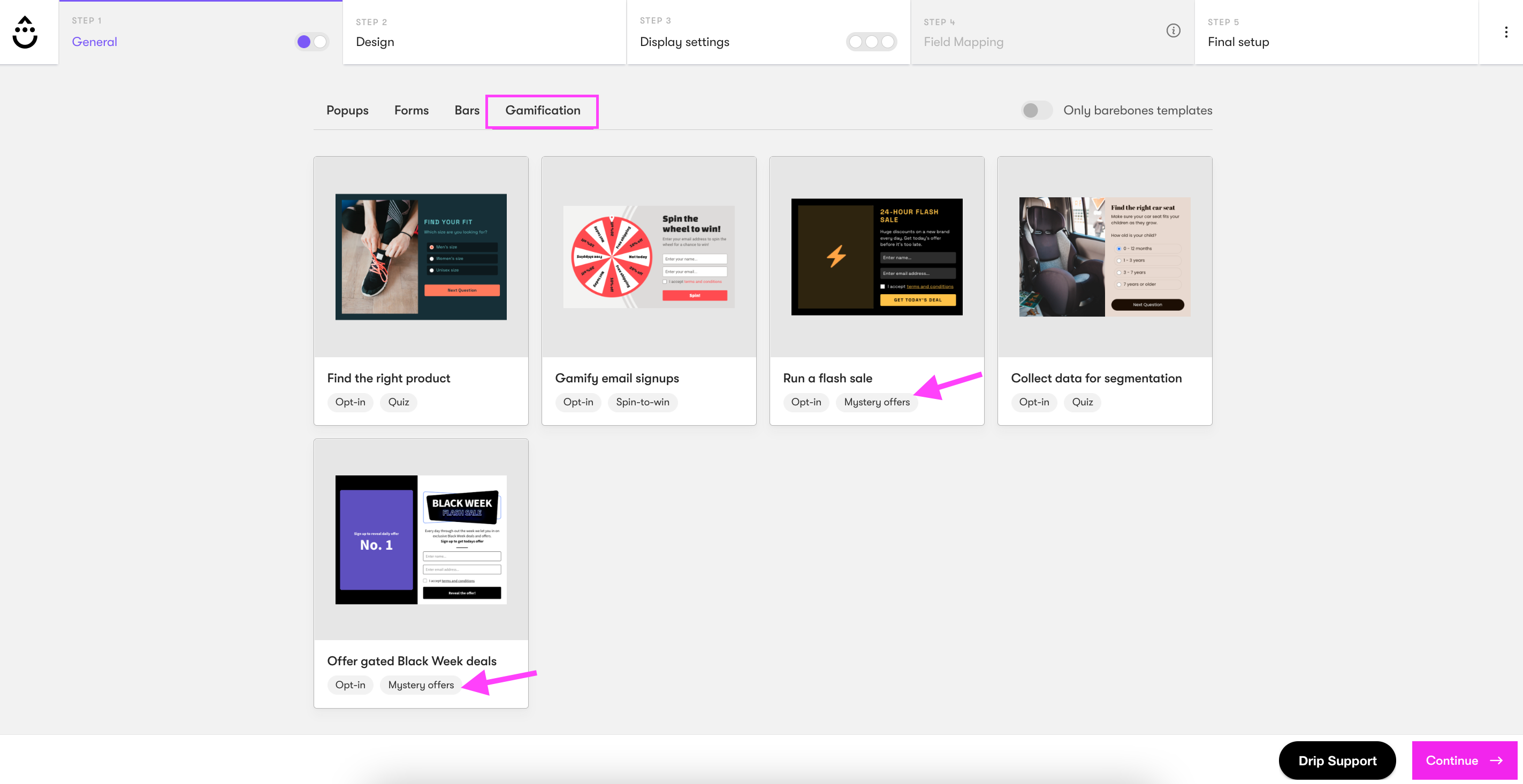 Onsite builder step one highlighting the Gamification tab