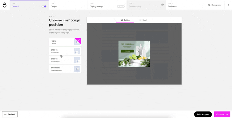 Onsite Builder under general setting Step 2 choosing the campaign position options